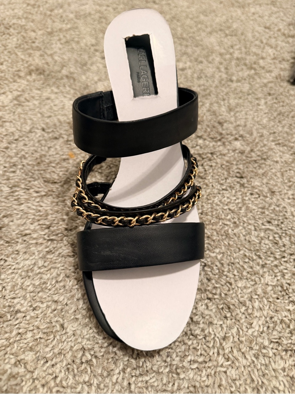 Karl Lagerfeld Black Slide Sandal with Gold Chain Trim